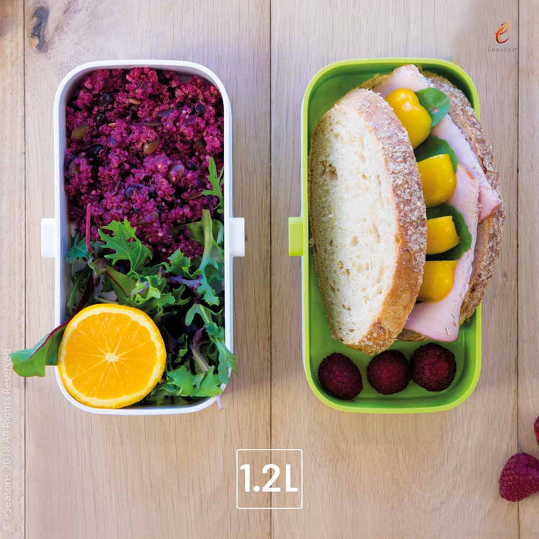Gorgeous food photography: eSeasons Bento Lunchbox in Green with appetizing lunch including spiced beet lentils, salad and sandwich