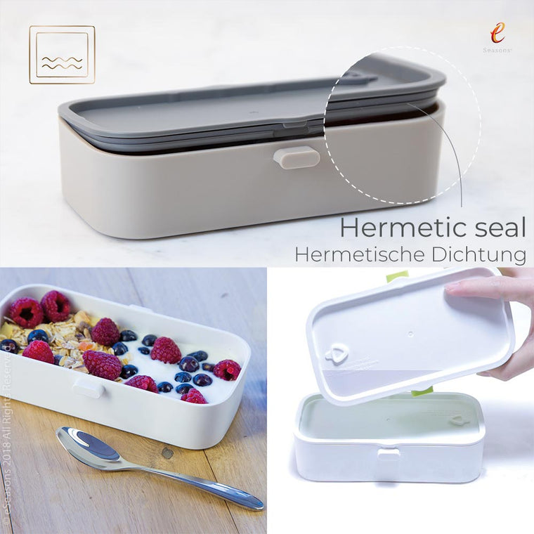 eSeasons Bento 2 tier Lunchbox Warm Grey: Leakproof Hermetic Seal, box on side shows no water leakage when properly closed