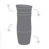 eSeasons Vacuum Insulated Travel Mug features: A detailed view of components included in an expanded diagram