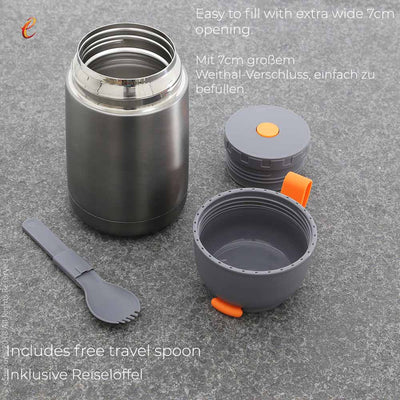 eSeasons Vacuum Insulated Stainless Steel Food Flask 430ml. Grey & Orange. Keeps hot/cold, displays parts including travel spoon