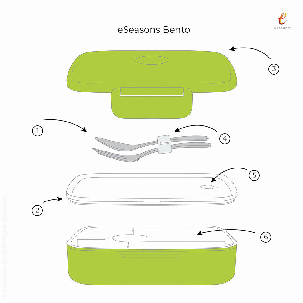 eSeasons Bento 5 Compartment Lunchbox Green: A detailed view of components included in an expanded diagram inc the stainless cutlery