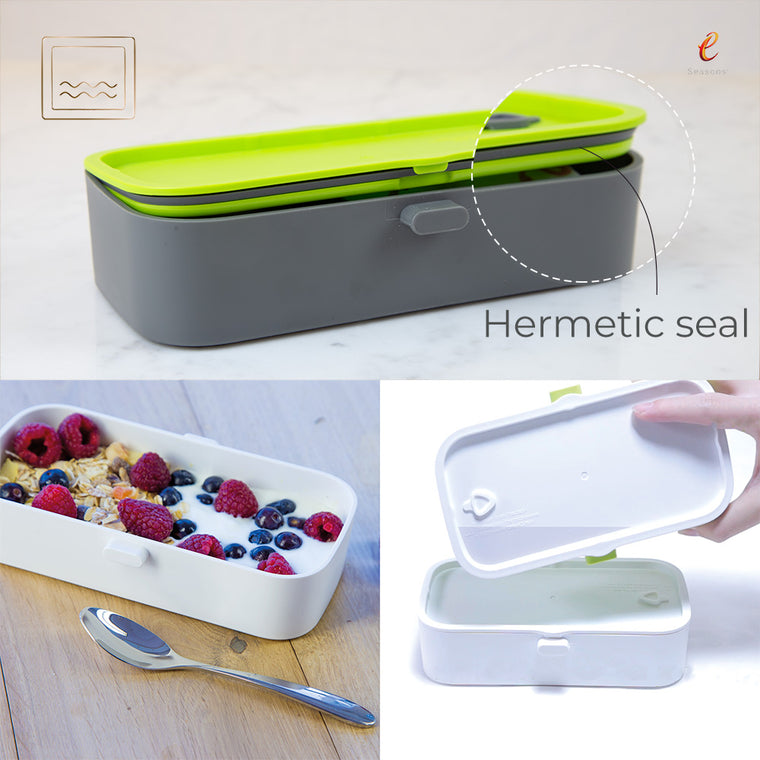 eSeasons Bento 2 tier Lunchbox Dark Grey: Leakproof Hermetic Seal, box on side shows no water leakage when properly closed
