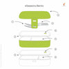 eSeasons Bento 2 tier Lunchbox green: A detailed view of all components included in an expanded diagram including the stainless cutlery