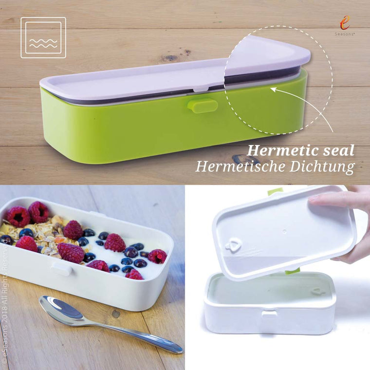 eSeasons Bento 2 tier Lunchbox green: Leakproof Hermetic Seal, box on side shows no water leakage when properly closed