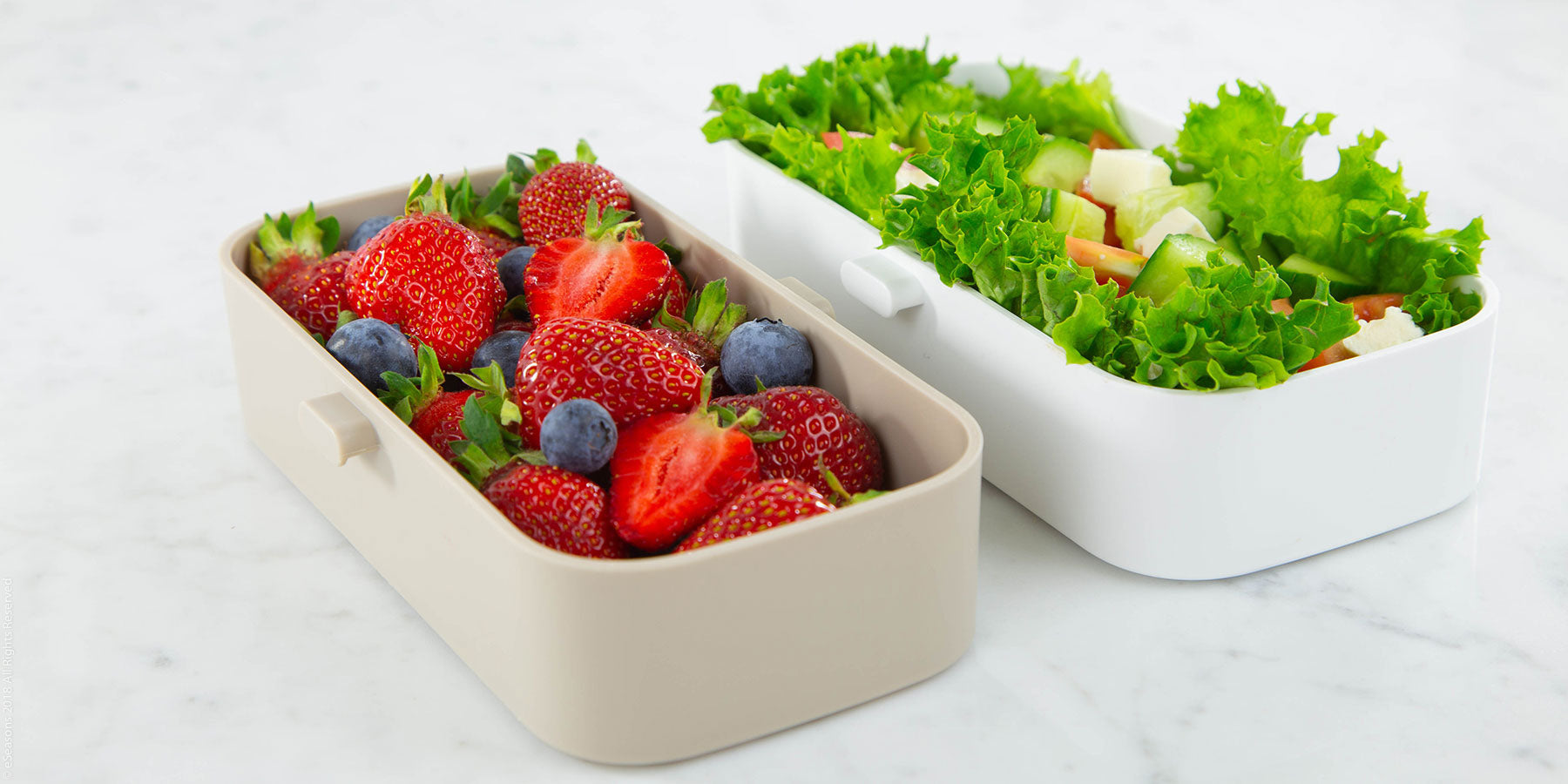 Gorgeous food photography: eSeasons Bento Lunchbox in Warm Grey with appetizing lunch of feta & tomato salad, fruit with strawberries