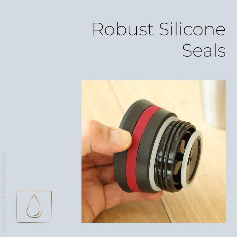eSeasons Vacuum Insulated Travel Mug features: Robust Silicone Seals