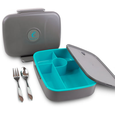 eSeasons Bento 5 Compartment Lunchbox Warm Grey with stainless cutlery, for adults & kids, microwave & dishwasher safe BPA free Parts view