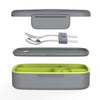 eSeasons Bento 5 Compartment Lunchbox Dark Grey with stainless steel cutlery, detailed expanded view of included components