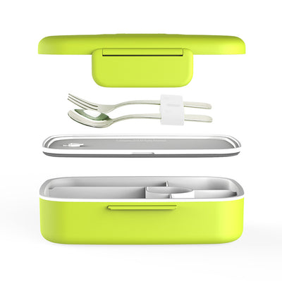 eSeasons Bento 5 Compartment Lunchbox Green with stainless steel cutlery, detailed expanded view of included components