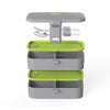 eSeasons Bento 2 tier Lunchbox Dark Grey with stainless steel cutlery, detailed expanded view of included components