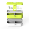 eSeasons Bento 2 tier Lunchbox Green with stainless steel cutlery, detailed expanded view of included components