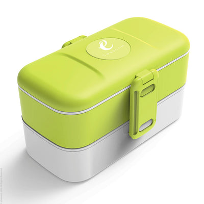 eSeasons Bento 2 tier Lunchbox Green with stainless steel cutlery, for adults & children, microwave & dishwasher safe BPA free