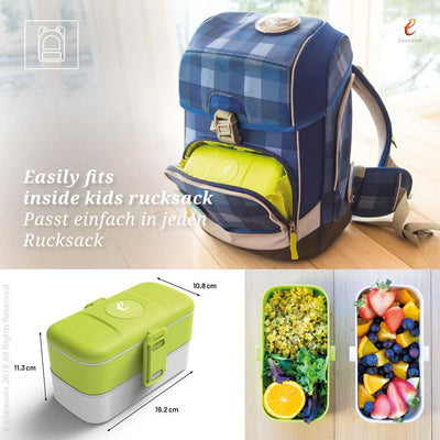 eSeasons Bento 2 tier Lunchbox Green: Easily fits inside a rucksack, and sizing information
