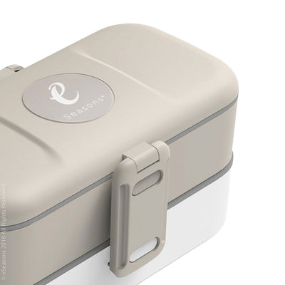 eSeasons Bento 2 tier Lunchbox Warm Grey with stainless steel cutlery, for adults & children, microwave & dishwasher safe BPA free