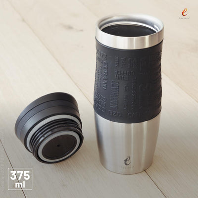 eSeasons Vacuum Insulated Travel Mug. Stainless Steel, Black 375ml. Silicone seals and high quality fittings can be seen.