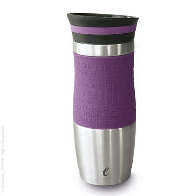 eSeasons Vacuum Insulated Travel Mug. Stainless Steel, Purple 375ml. Silicone soft grip. Easy to open close and pour.