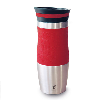 eSeasons Vacuum Insulated Travel Mug. Stainless Steel, Red 375ml. Silicone soft grip. Easy to open close and pour.