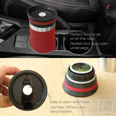 eSeasons Vacuum Insulated Reusable Coffee Cup: Our travel mug fits in most car cup holders, and easy to open and close